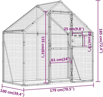 Volière – Vogelvolière – Buitenren – Vogelkooi – Kippenhok – Aluminium Frame – Afsluitbare Deur en Raam – Ruim 179x100x185 cm – Antraciet