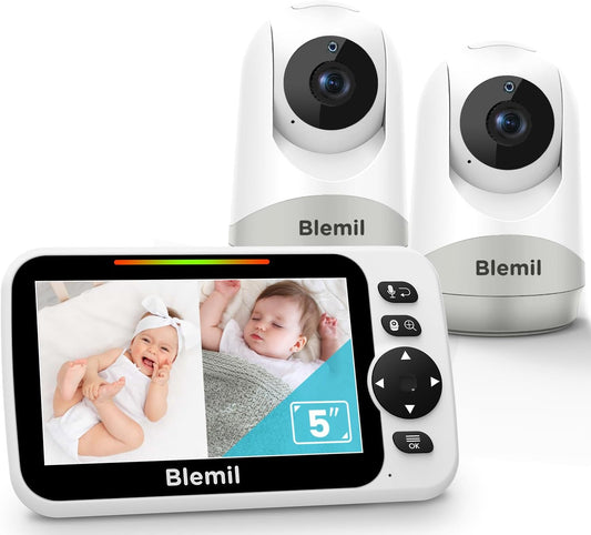 Blemil Monitor voor baby's, met 2 camera's en 30 uur accu Oplaadbaar Audio, 5-inch verdeeld scherm, camera op afstand in de wolk/zoom, tweerichtingsgesprek, nachtzicht, zonder WiFi