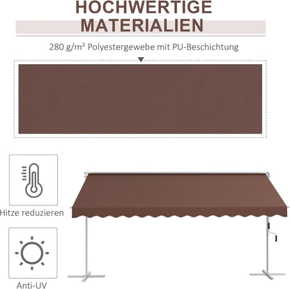 Vrijstaande Luifel – Staande Zonwering – Tuinluifel – Balkonluifel – Overkapping – Verstelbare Dakhoek – Waterafstotend PU-Polyester – 450x340x255 cm – Koffiekleur