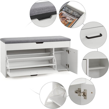 Meerveil Shoe Bench with Seat, Shoe Bench with Storage Space and Folding Drawer, Wooden Industrial Style for Hallway, 100 x 52 x 30 cm (W x H x D), White - QUORE