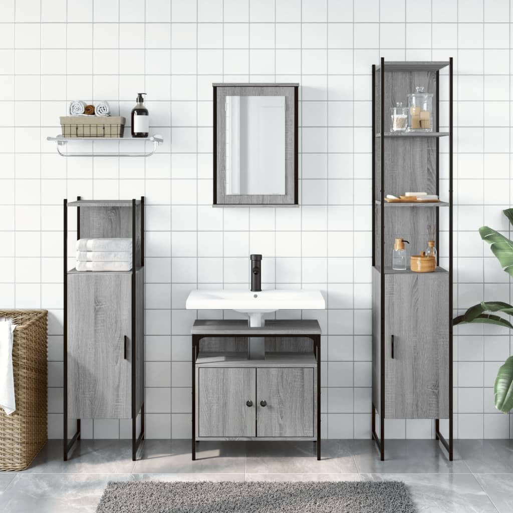 vidaXL 4 Piece Bathroom Furniture Set Processed Wood Grey Sonoma Oak Colour, Bathroom Set, Bathroom Cabinet, Vanity Unit, Washbasin, Bathroom Cabinet - QUORE