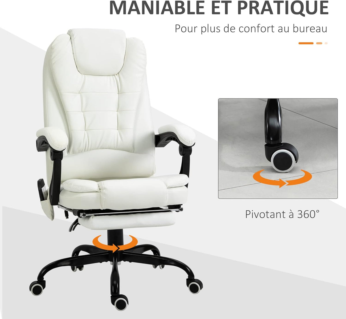 Vinsetto Massagestoel, bureaustoel, ergonomische stoel met verstelbare hoogte, rugleuning kantelbaar en bekabeld, voetensteun, 360° draaibaar, wit