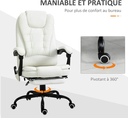 Vinsetto Massagestoel, bureaustoel, ergonomische stoel met verstelbare hoogte, rugleuning kantelbaar en bekabeld, voetensteun, 360° draaibaar, wit