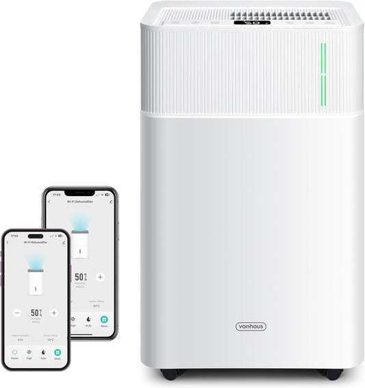 VonHaus Elektrische luchtontvochtiger, 20 l/dag, 4,5 l waterreservoir, wifi/smart kamerontvochtiger tegen vocht, condensatie, schimmel en geuren, luchtontvochtiger voor wasgoed, thuis, slaapkamer