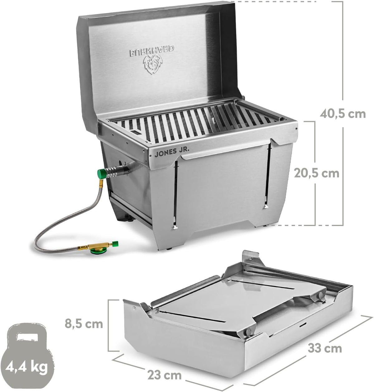 Campinggrill 1-pits BURNHARD® 3,2 kW, 500°C roestvrij staal, FitnFire™-systeem, ultracompact, draagtas, grillmat – JONES Jr.