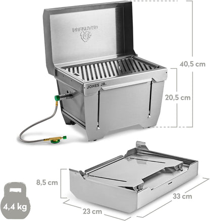 Campinggrill 1-pits BURNHARD® 3,2 kW, 500°C roestvrij staal, FitnFire™-systeem, ultracompact, draagtas, grillmat – JONES Jr.