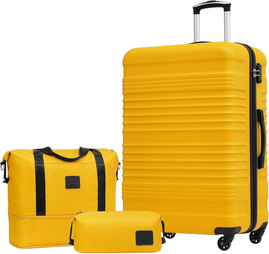 COOLIFE Kofferset, trolley, koffer, ABS, harde schaal, reiskoffer, 4 wielen, TSA-slot, intrekbare trolley, de koffer bevat 1 reistas en 1 toilettas, geel/zwart, Großer Koffer-Set 3tlg, Harde trolley