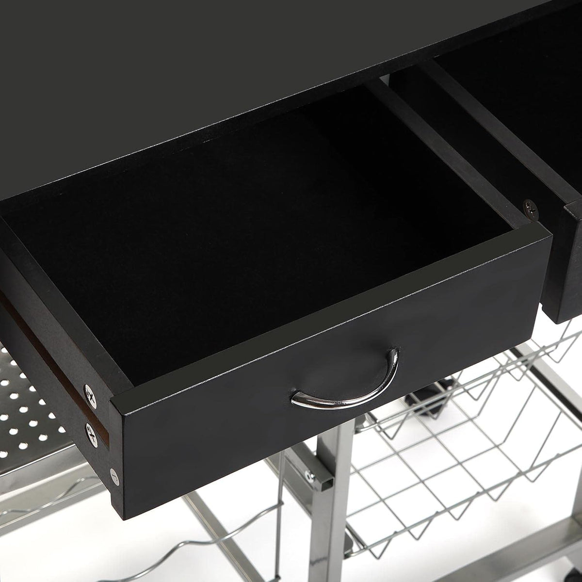Versa Leicester Keukenwagen met wielen, laden en flessenrek, Groentenopberger met voorraadkast en opbergers, Keukenopberger, Afmetingen (H x B x H) 82 x 40 x 76 cm, Hout en Metaal, Kleur Zwart
