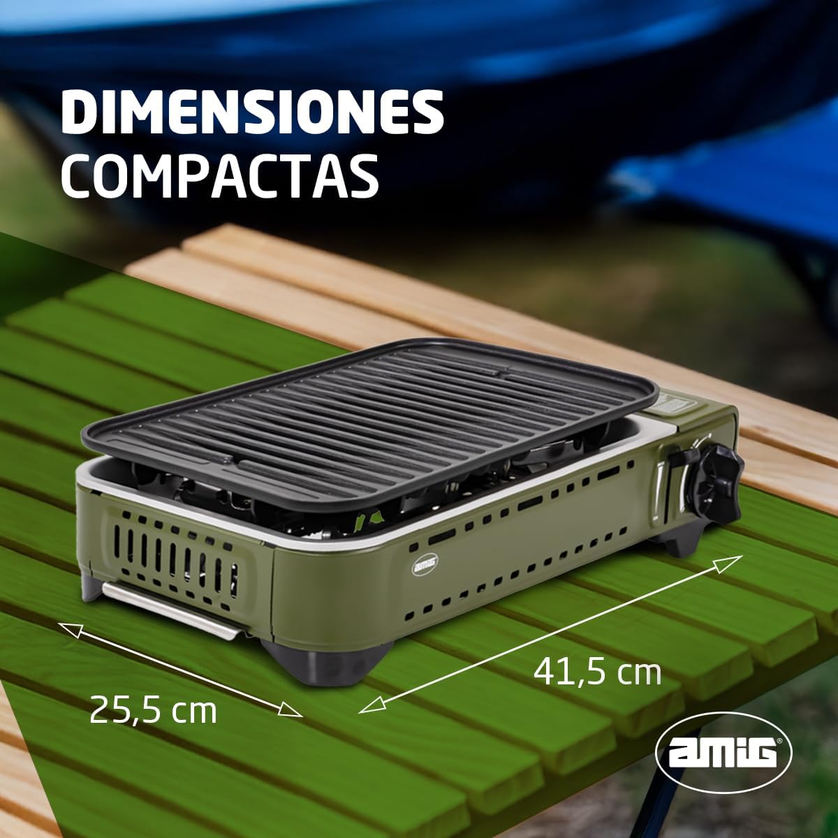 Amig - Camping gas - Portable stove - Grill - Cast aluminium grill - With grease tray made of stainless steel - Power: 1.8 kW - Suitable for B-250 gas cartridges - QUORE