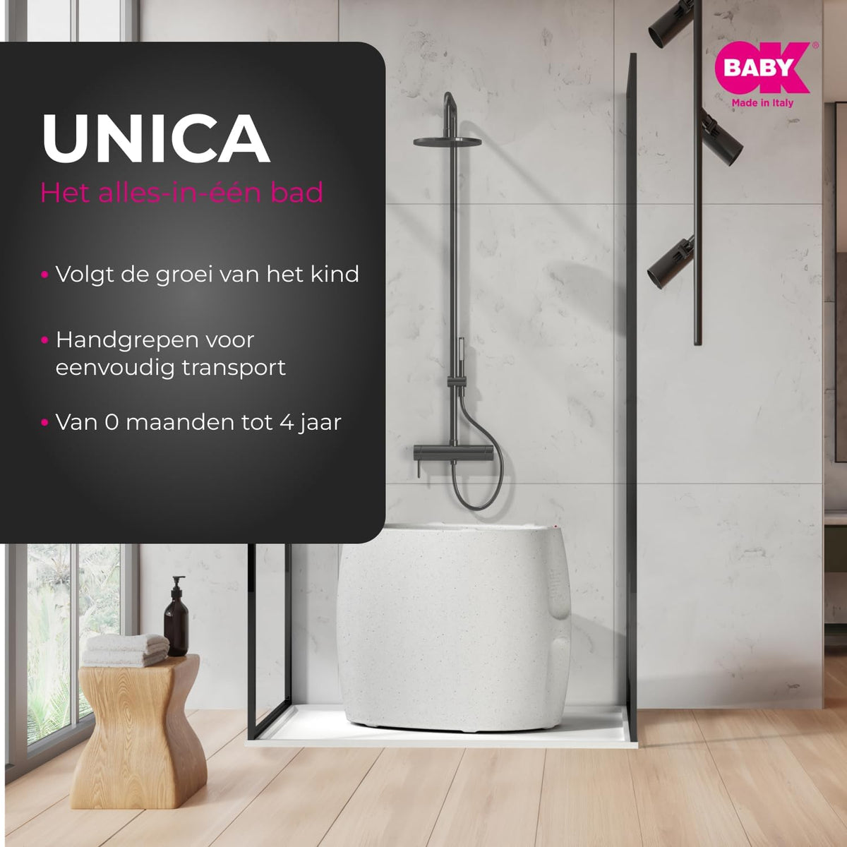 OKBABY Unica - Badkuip 0-4 jaar met dubbel gebruik, ingebouwde thermometer en ergonomische ondersteuning - Badkuip en minizwembad voor kinderen - Graniet