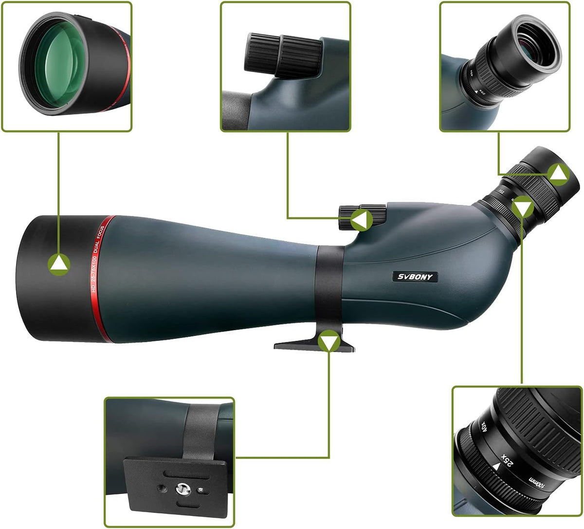Svbony SV406 Spotting Scope Dubbele Focus 20-75x100, HD Waterdichte Mistbestendige Vogelspotkijker Scope voor Dieren In Het Wild, Landschap, Astronomie, Doelschieten