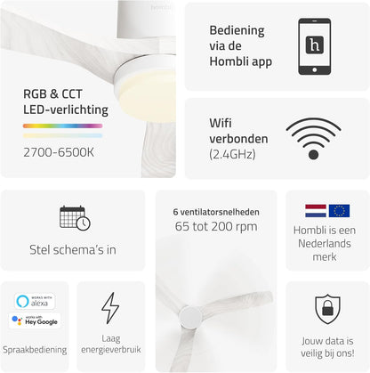 Hombli Smart Plafondventilator met ledlicht, app- en afstandsbediening, wit met houtlook, 132 cm, stil, wifi, voor ruimtes tot 12 m²