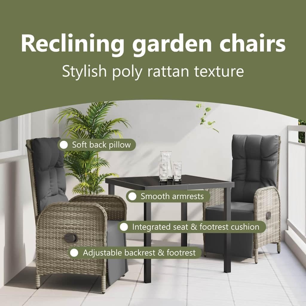 vidaXL Set of 2 Adjustable Outdoor Sunbeds | Grey Poly Rattan, Ergonomic and Weatherproof - Perfect for your Garden, Patio or Balcony. Durable Steel Frame and Removable Cushion Covers. - QUORE
