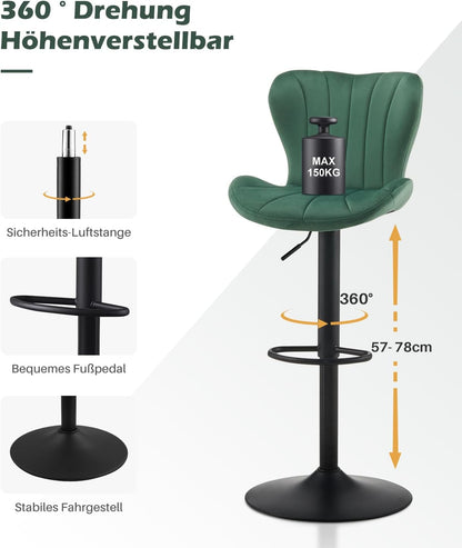 TUKAILAI Barkruk, set van 2, fluweel, barstoel, in hoogte verstelbaar, 360 graden draaibaar, kruk met rugleuning, voetensteun, metalen frame, moderne schaalvorm, keukenkruk, barkruk voor keukenbars