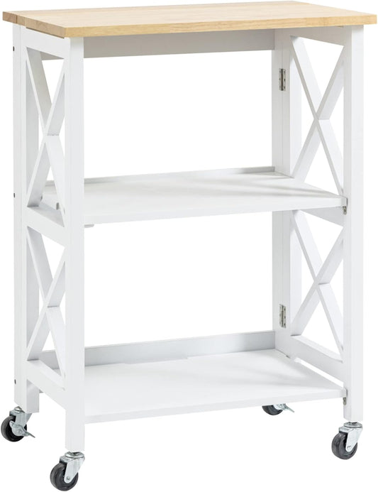 HOMCOM Kitchen trolley, serving trolley, serving trolley with shelf, 4 wheels, modern MDF, rubberwood, white, 60 x 40 x 84 cm - QUORE