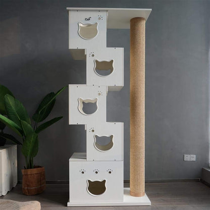 Krabpaal – Kattenkrabmeubel – Kattenklimtoren – Kattenboom – Kattenspeelmeubel – Wit Houtdesign – 200 cm Natuurlijk Sisal