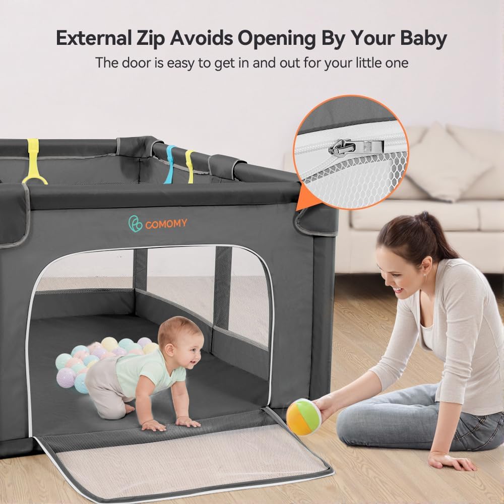 COMOMY Playpen for Babies and Toddlers, 188 x 127 x 66 cm Extra Large, Baby Playpen 4 Pull Rings, Soft and Breathable Net, Activity Centre for Kids, Dark Grey - QUORE