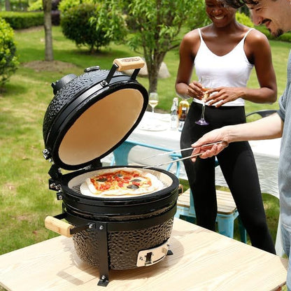 Fresh Grills Kamado BBQ 16 Inch Black Ceramic Mini Oven Barbecue Grill Egg Charcoal Smoker Grate Baking Portable Built-in Thermometer Top and Bottom Air Flow System Outdoor Cooking Camping - QUORE