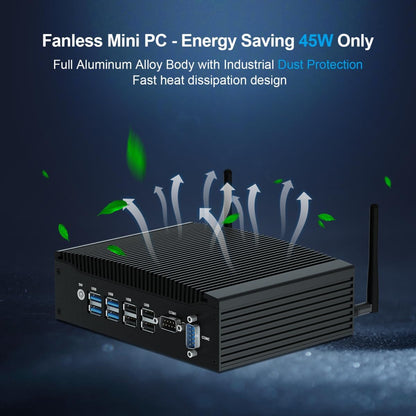 WEIDIAN Mini PC Fanless Industrial Win 11 Pro Core i5 8350U Mini Desktop Computer 8GB RAM 256GB SSD 4K 2xHD, 2xRS232 COM, 2xGigabit Ethernet, 8xUSB VESA Office Small PC Auto Power On Wake on LAN - QUORE