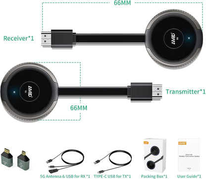 Draadloze HDMI Zender en Ontvanger 4K/5G, Wireless HDMI Transmitter and Receiver 165FT/50M, overdracht van Laptop/TV box/Camera/PS5/Phone naar Televisie/Monitor/Projector
