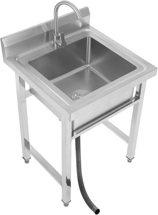 Freestanding Stainless Steel Sink, 1 Washbasin, Adjustable Height Sink Kitchen with 360° Rotatable Cold and Hot Tap and Drain Supply for Outdoor, Garage, Restaurant, 60 x 60 x 93 - QUORE