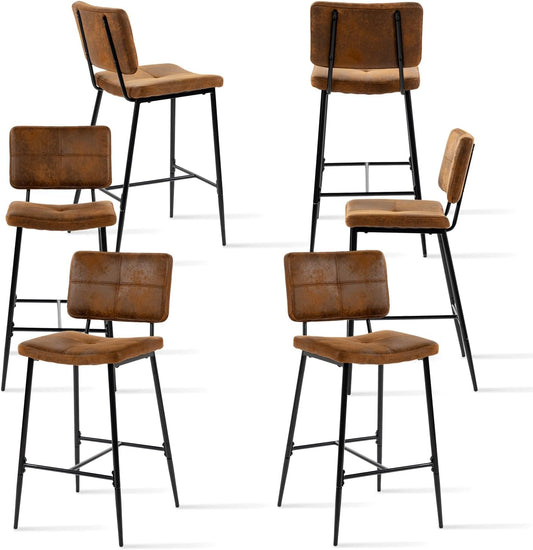 MEUBLE COSY Set van 6 barkrukken, hoge kruk met rugleuning en voetensteun, gevoerde keukenstoel van suède, voor toonbank, eetkamer en thuis, bruin