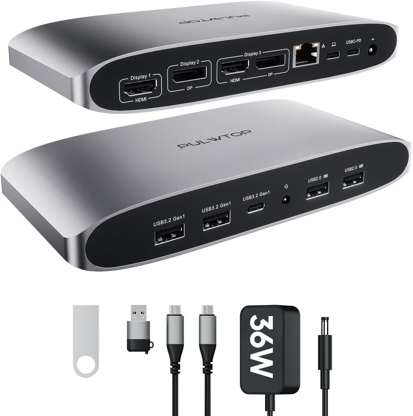 Displaylink Docking Station, PULWTOP Triple Display dock usb c voor MacBook M1/M2/M3 Windows, Laptop USB C Docking Station met 4K 60Hz 2 HDMI, 2 Display Port, PD, USB C Data, 4 USBA, Ethernet, Audio