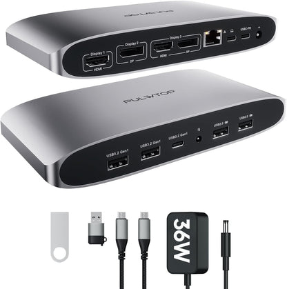Displaylink Docking Station, PULWTOP Triple Display dock usb c voor MacBook M1/M2/M3 Windows, Laptop USB C Docking Station met 4K 60Hz 2 HDMI, 2 Display Port, PD, USB C Data, 4 USBA, Ethernet, Audio