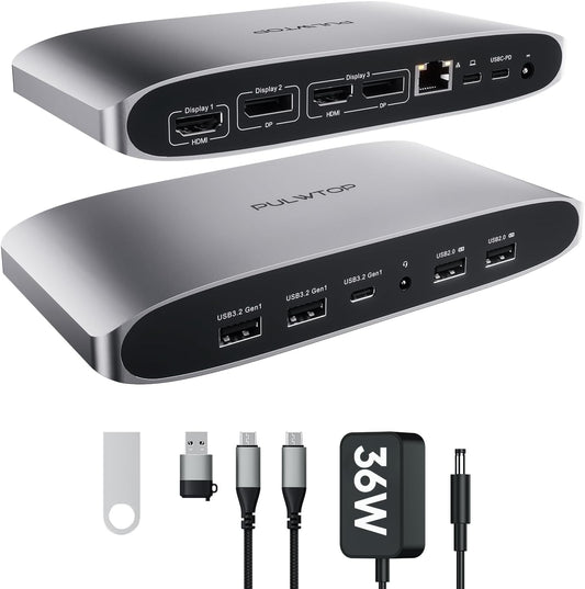 Displaylink Docking Station, PULWTOP Triple Display dock usb c voor MacBook M1/M2/M3 Windows, Laptop USB C Docking Station met 4K 60Hz 2 HDMI, 2 Display Port, PD, USB C Data, 4 USBA, Ethernet, Audio