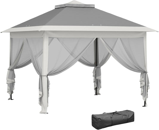 Outsunny Tuinpaviljoen 3,3x3,3m, waterafstotend, winterbestendig, pop-up opvouwbare partytent met dubbel dak, UV-bescherming, draagtas, tuinpaviljoen met zijwanden, grijs - QUORE