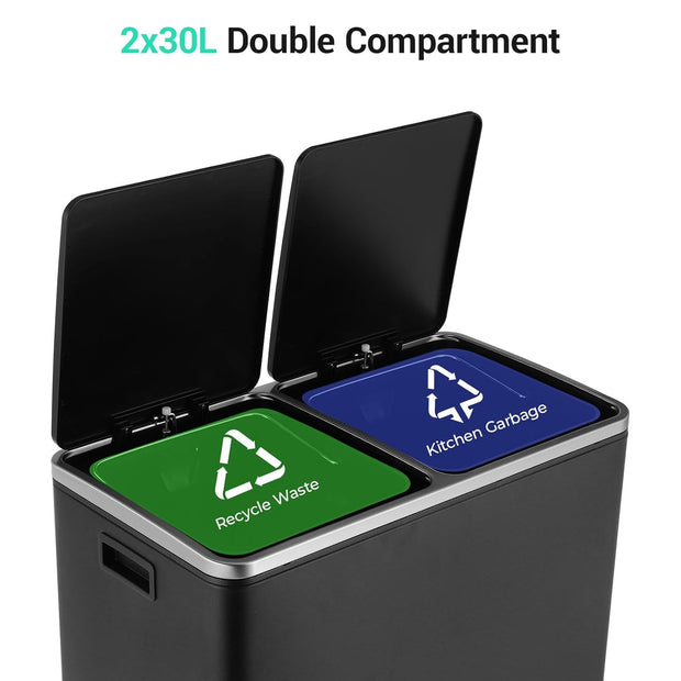 Vuilnisemmer - Afvalemmer Buiten - Prullenbak - Vuilnisbak - met 2 Vakken - Softclose-deksel - Pedaalemmer van Metaal - Kunststof Binnenemmer - Afvalscheidingssysteem - Recycling - voor Keuken - Buiten - RVS - 60L - Zwart