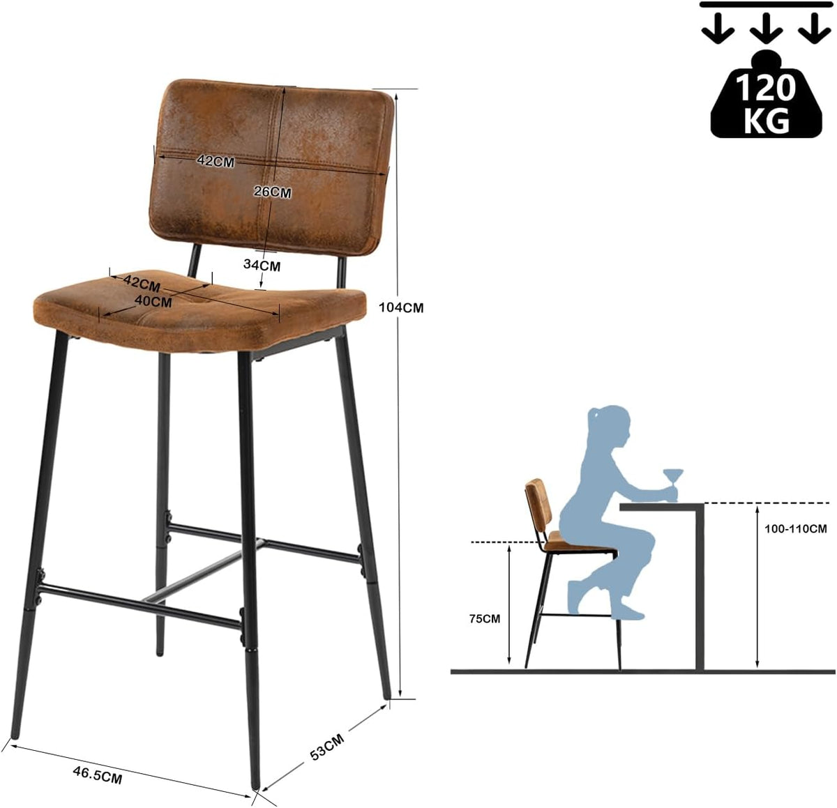 MEUBLE COSY Set van 6 barkrukken, hoge kruk met rugleuning en voetensteun, gevoerde keukenstoel van suède, voor toonbank, eetkamer en thuis, bruin