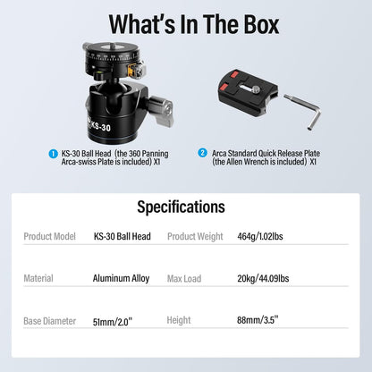 SIRUI 36mm Low Profile Ball Head KS-30, 360° Double Panoramic Aluminium Alloy Tripod Head for Camera, Camcorder, Professional Heavy Duty Ball Head for Tripod, Monopod, Camera Slider, Max Load 20KG