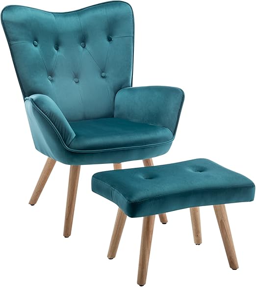 HollyHOME Armchair with Footstool Comfortable Armchair Living Room Velvet Reading Chair Bedroom Accent Chairs Lounge Chairs, Teal - QUORE