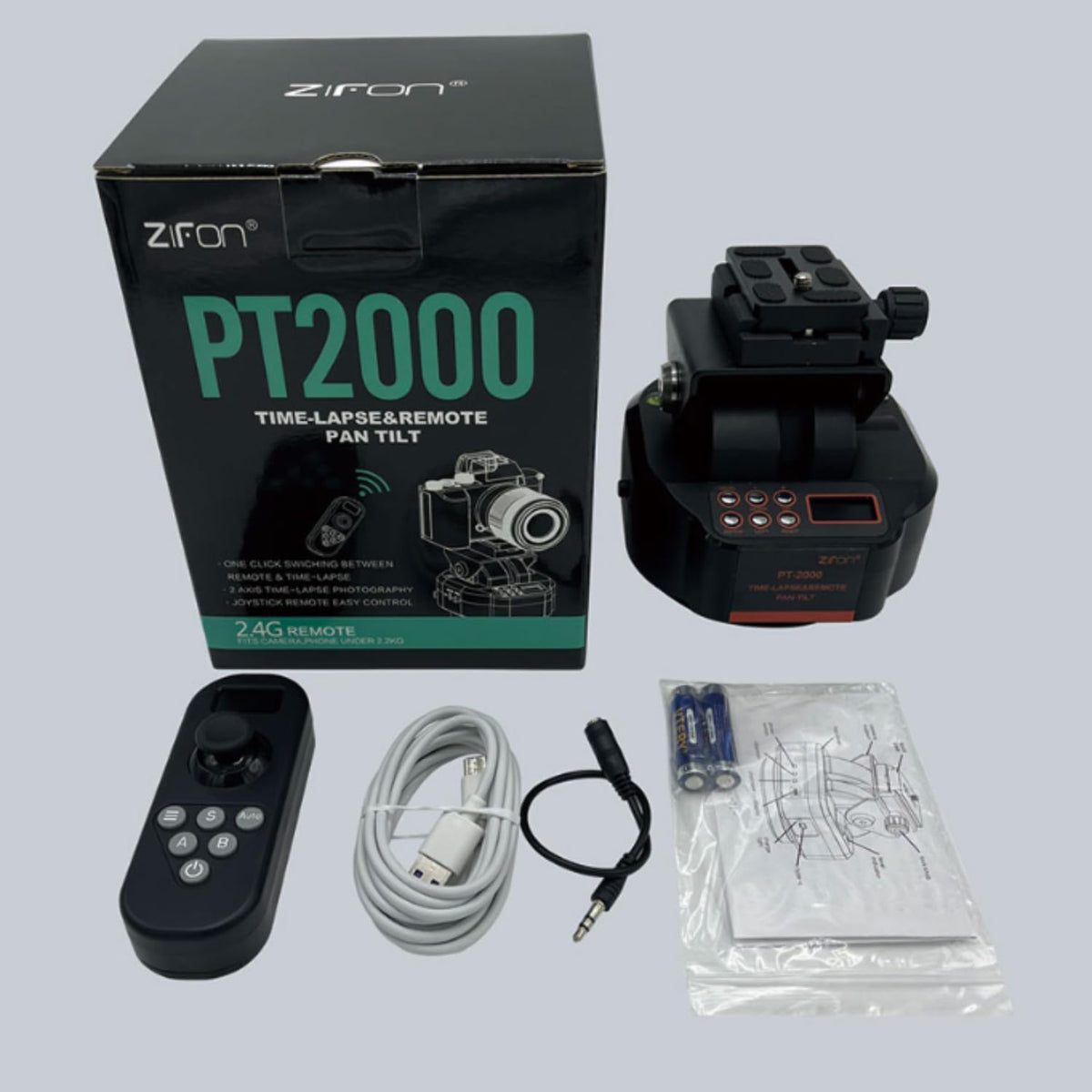 Zifon PT2000 – gemotoriseerde 360° panoramakop met draadloze afstandsbediening (2,2 kg draagkracht) – elektronische zwenk-kantelstatiefkop voor DSLR, smartphone en video
