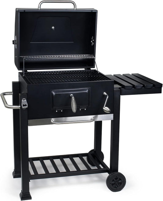 Wiltec barbecue trolley met deksel, houtskool BBQ met legplank en brandklep, grillwagen op wielen met hoogteverstelling inclusief thermometer