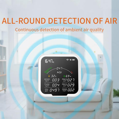 Irfora Draagbare luchtkwaliteitsmeter HCHO/TVOC/CO2/PM2,5/PM10/AQI/C6H6 temperatuur- en luchtvochtigheidstester, 4,8 inch groot scherm kooldioxidedetector met tijdsweergave en wekkerfunctie