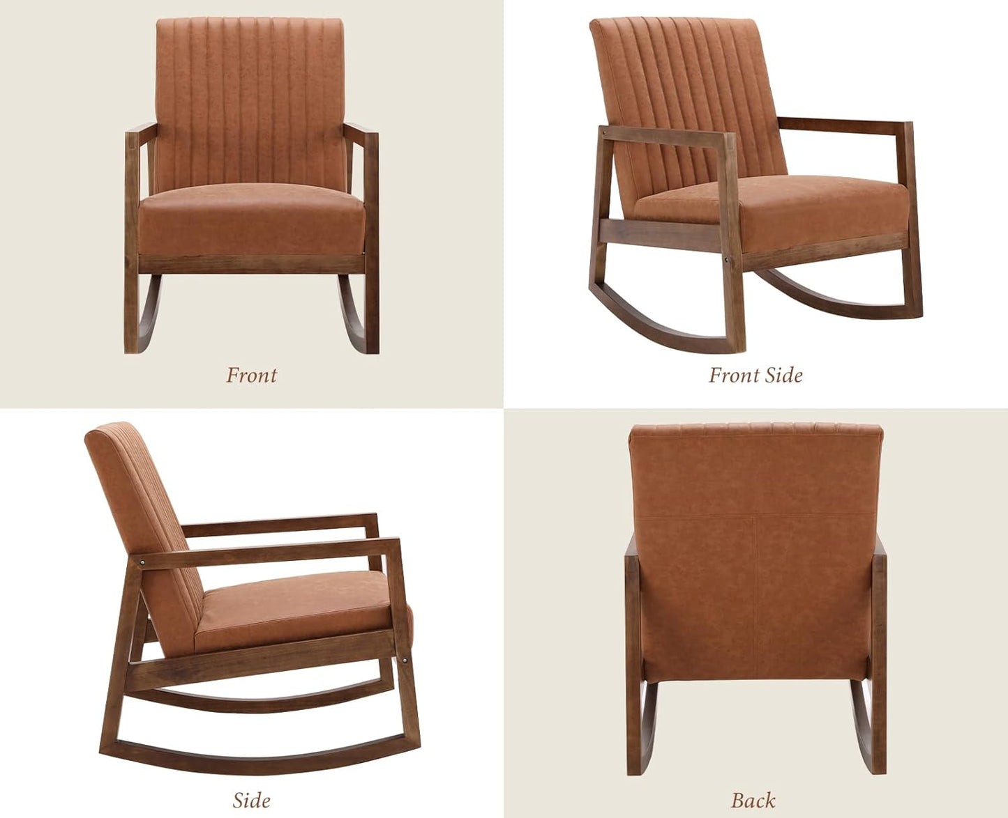 chairus Schommelstoel voor woonkamer PU-lederen leesfauteuil gestoffeerd accent relaxstoel met houten poten (bruin)