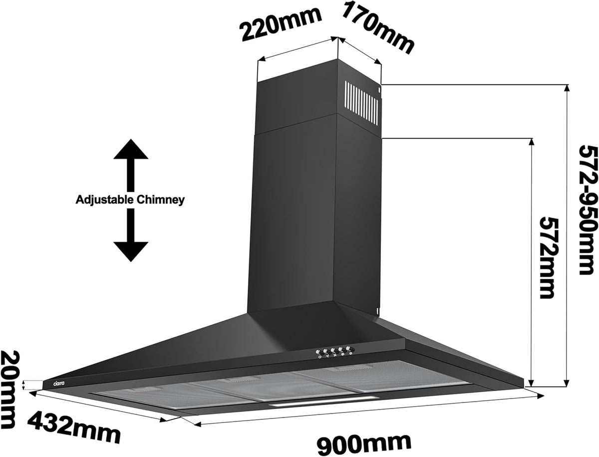 Afzuigkap – Wandafzuigkap, Schouwafzuigkap, Wandkap, Keukenafzuigkap – 90 Cm RVS Wandmodel – A++, 370 M³/U, 3 Standen, Koolstoffilter