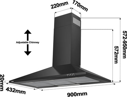 Afzuigkap – Wandafzuigkap, Schouwafzuigkap, Wandkap, Keukenafzuigkap – 90 Cm RVS Wandmodel – A++, 370 M³/U, 3 Standen, Koolstoffilter