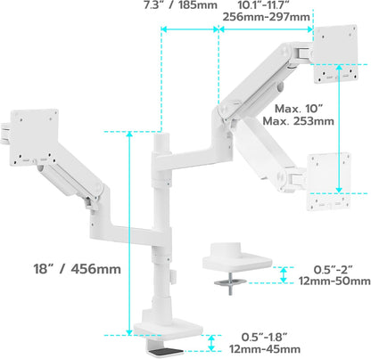 ARES WING Monitorhouder, 2 monitoren voor 17-49 inch beeldschermen, monitorhouder verticaal met gasveer, in hoogte verstelbaar, draaibare monitorhouder, max. 20 kg/arm, monitorarm, wit