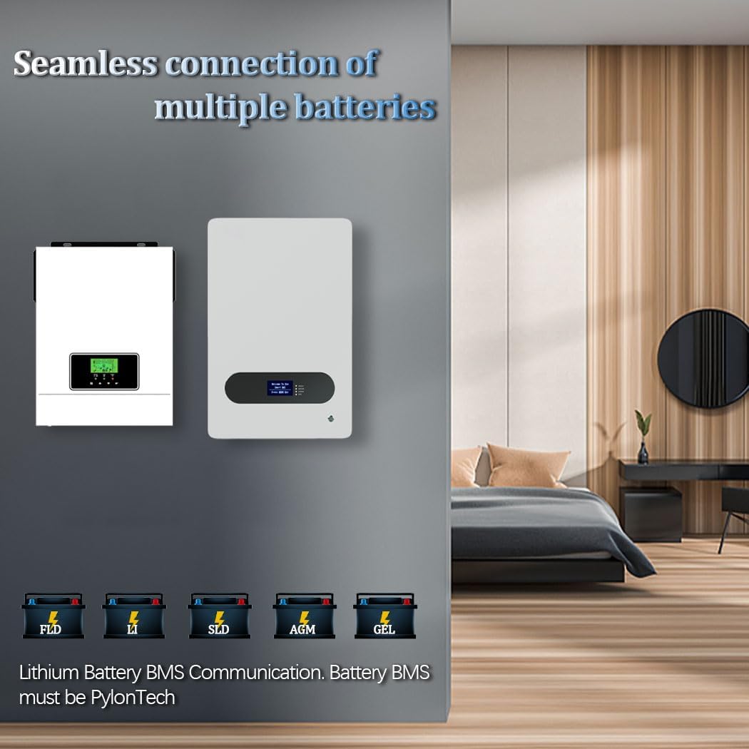 Y&H 2200 W hybride zonne-omvormer DC12V naar AC230V, netonafhankelijke zuivere sinusomvormer met 80A MPPT zonne-oplader + AC-oplader, Max PV 2000 W DC55-450 V ingang, geschikt voor 12 V batterijen