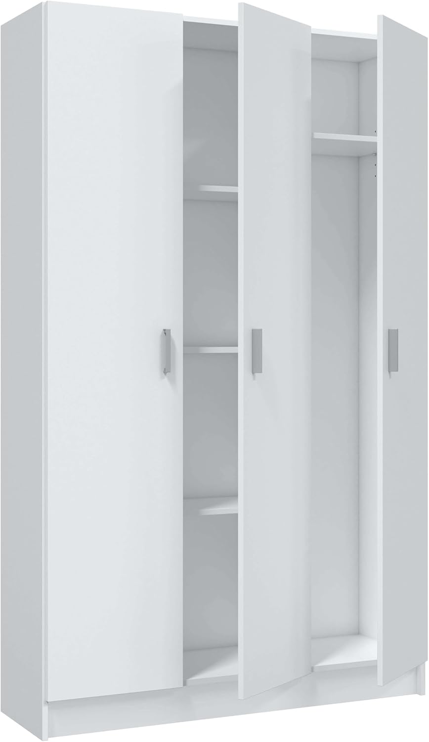 Multifunctionele kledingkast met drie vleugeldeuren en drie verstelbare planken, kleur wit, afmetingen 109 x 37 x 180 cm