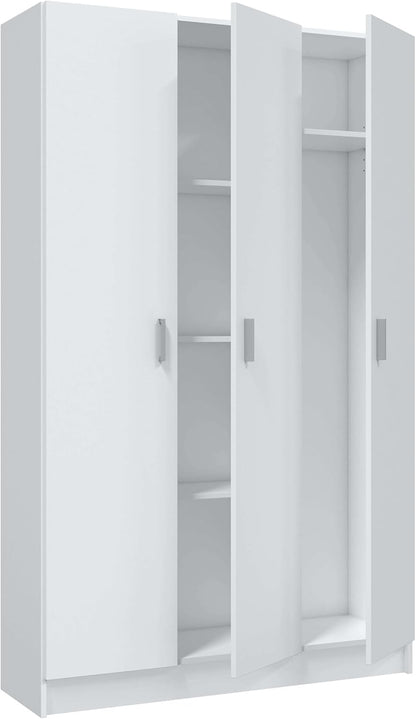 Multifunctionele kledingkast met drie vleugeldeuren en drie verstelbare planken, kleur wit, afmetingen 109 x 37 x 180 cm