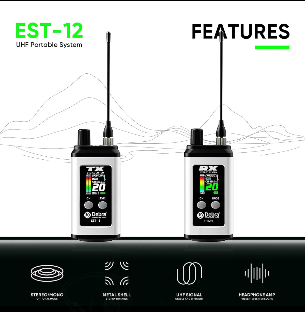 Debra EST-12 Draadloos In-Ear Monitoring Systeem met 2 Ontvangers, UHF Signaal (20 Kanelen), 0 Latentie, 80m Bereik en Metaalbehuizing voor Podium & Studio Wit