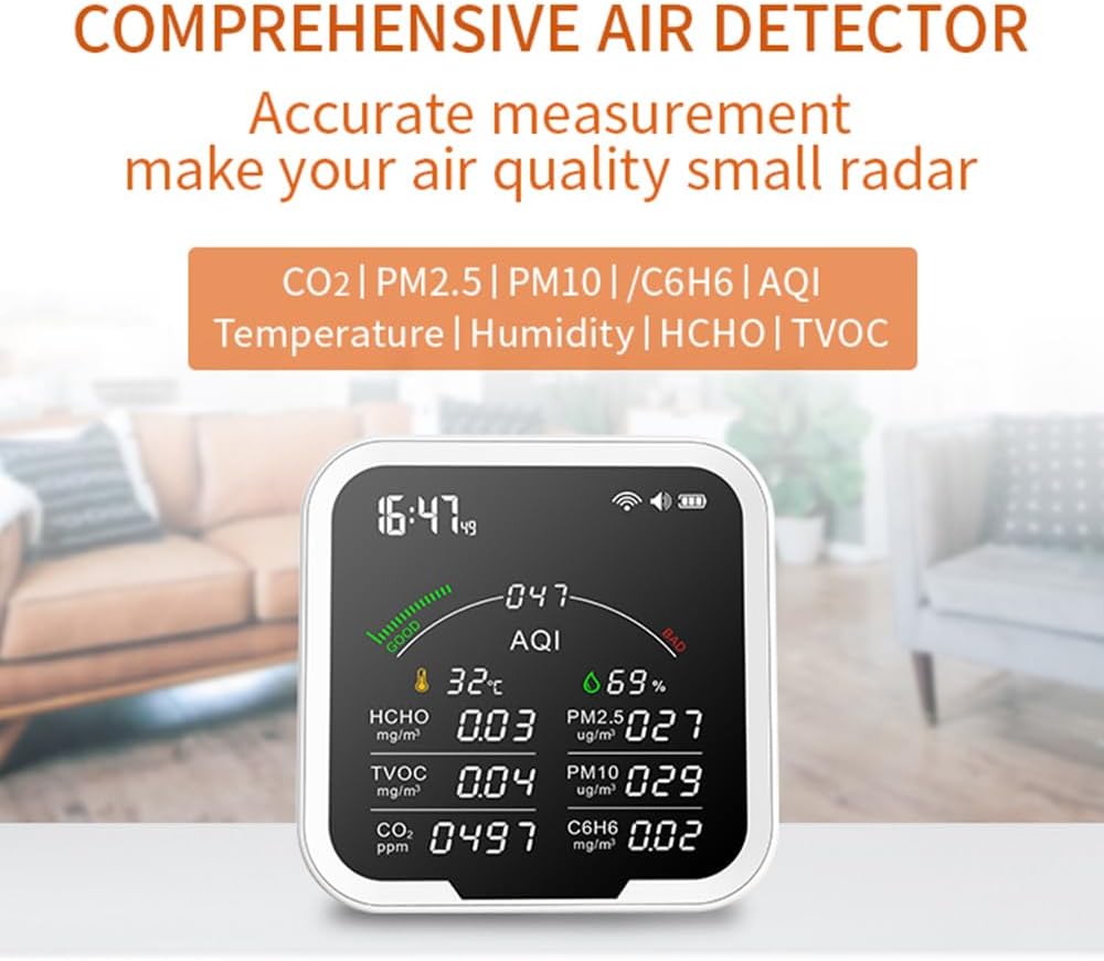 Irfora Draagbare luchtkwaliteitsmeter HCHO/TVOC/CO2/PM2,5/PM10/AQI/C6H6 temperatuur- en luchtvochtigheidstester, 4,8 inch groot scherm kooldioxidedetector met tijdsweergave en wekkerfunctie