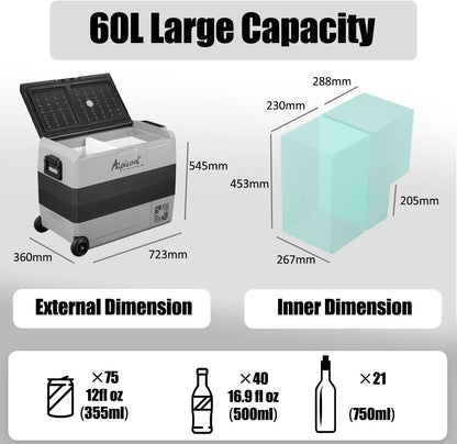 Alpicool T60 elektrische compressor Koelbox/vriesbox, 60L Mini koelkast 12/24 V en 230 V, Autokoelkast voor auto, vrachtwagen, camping met stopcontact en USB-poort, twee zones
