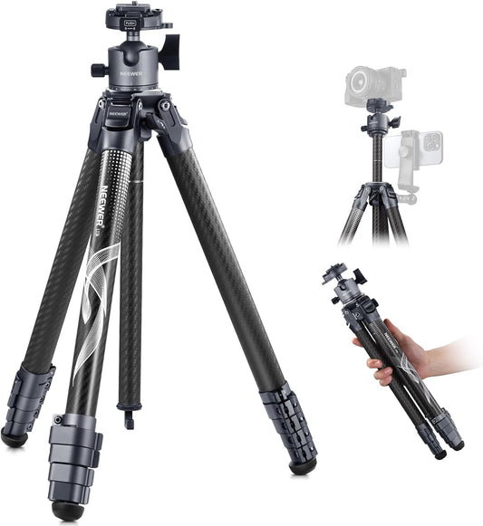 NEEWER LITETRIP 157,5 cm reiscamerastatief, koolstofvezel draagbare standaard met verwijderbare ±15° nivellering, 360° Pano-kop, maximale belasting 10 kg, Arca QR-plaat compatibel met Peak Design