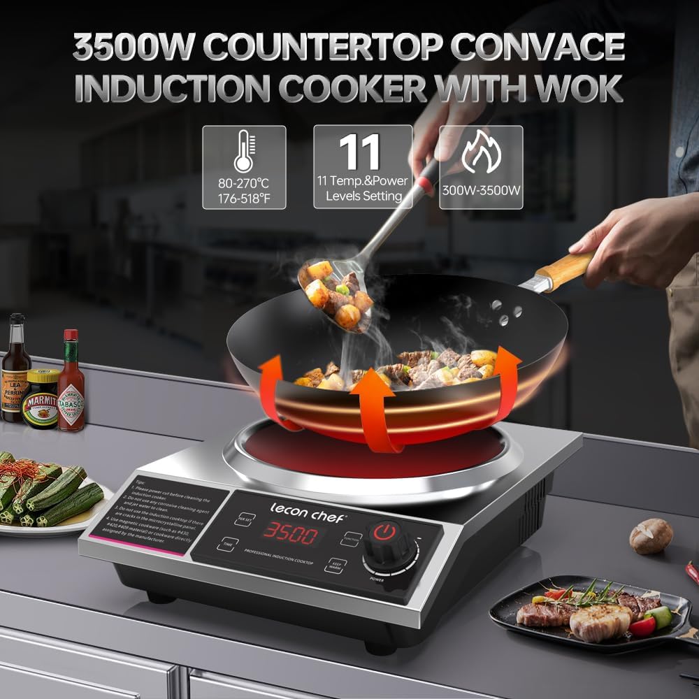 Inductiekookplaat met wok, 3500 W enkele inductiekookplaat, 60 kg draagkracht, timer en voorinstelling, 11 temperatuur- en vermogensinstellingen