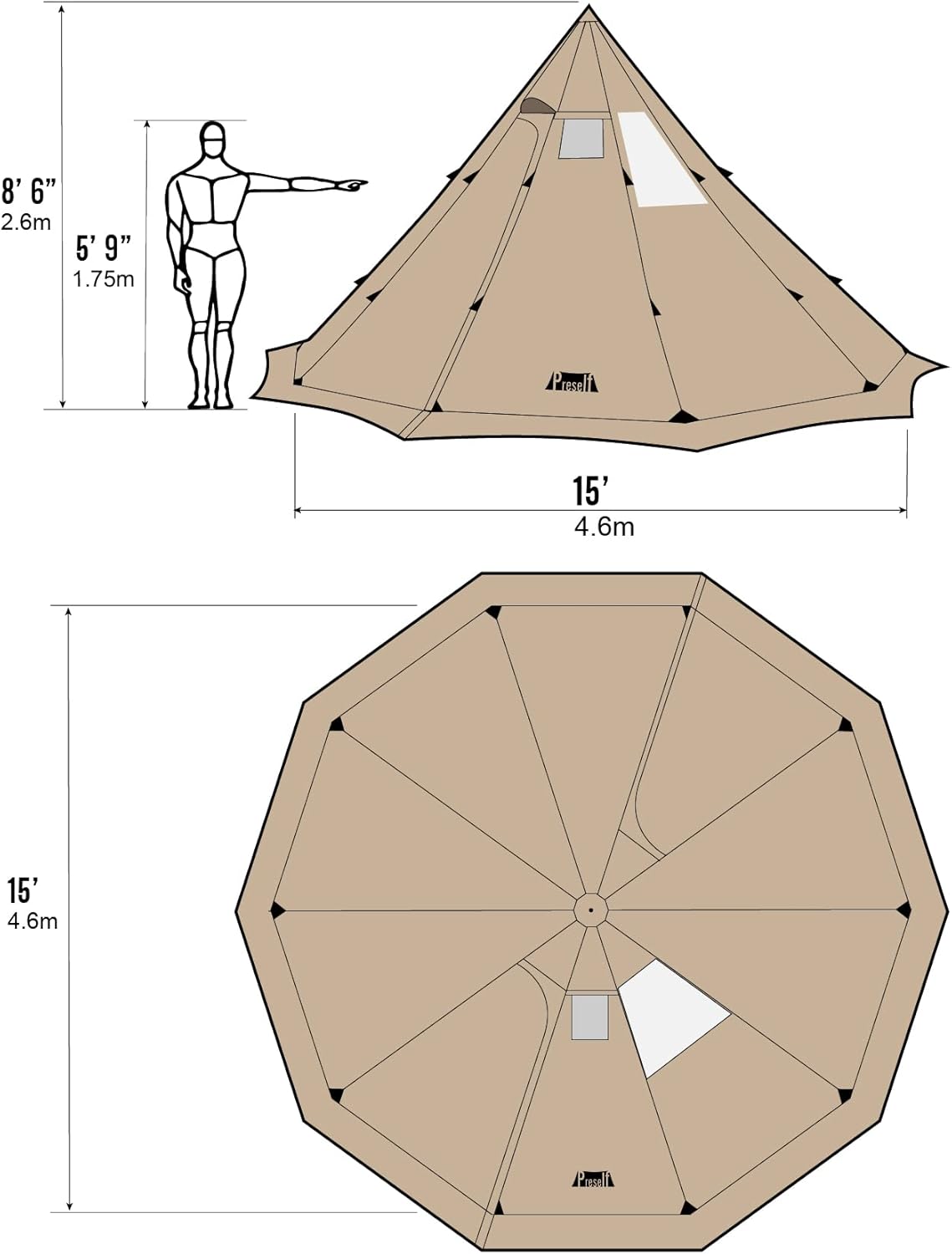 Preself 4~6 Persoon Tipi Hot Tent T3 XL met Schermvenster, Hoogte 8 '6 "2,6 m, Diameter 15' 4,6 m, voor Hout Buring Kachel Bushcraft Familie Camping Jacht Vissen (Tent)